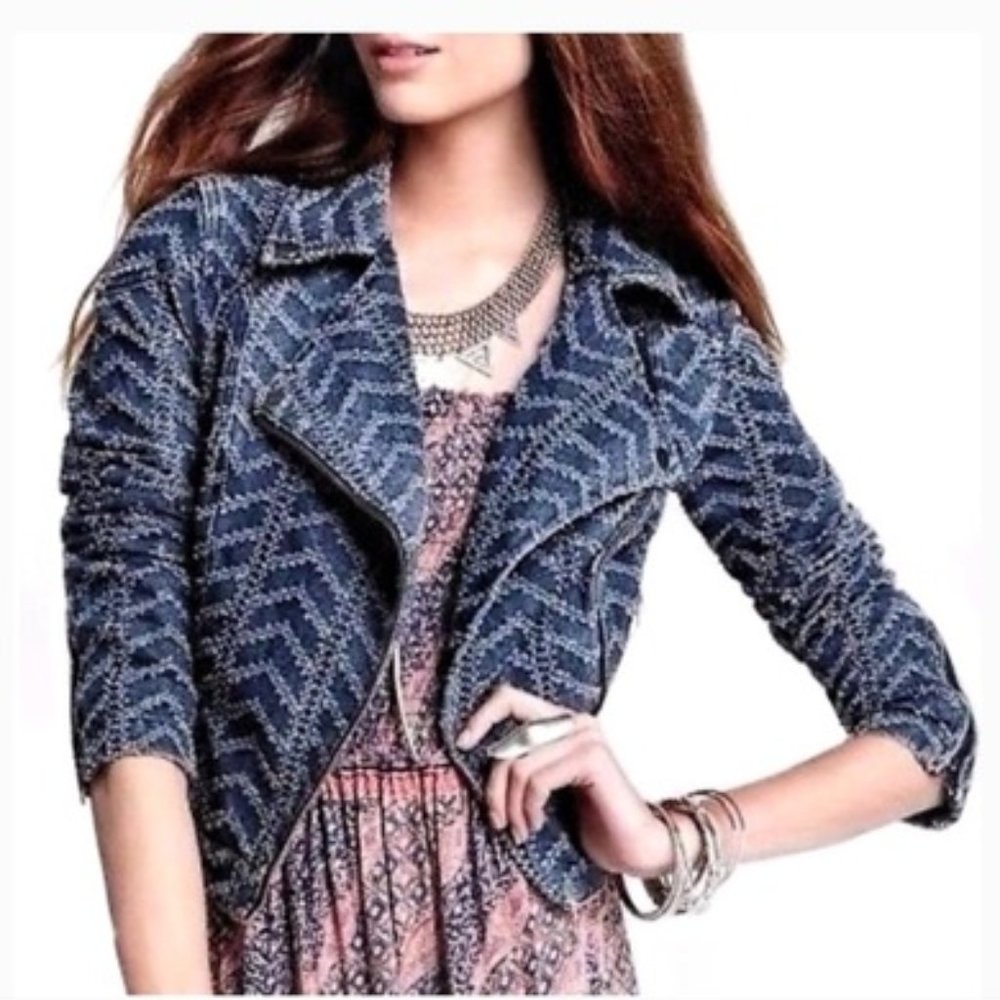 Free People Moto chevron punch denim zipper jacket